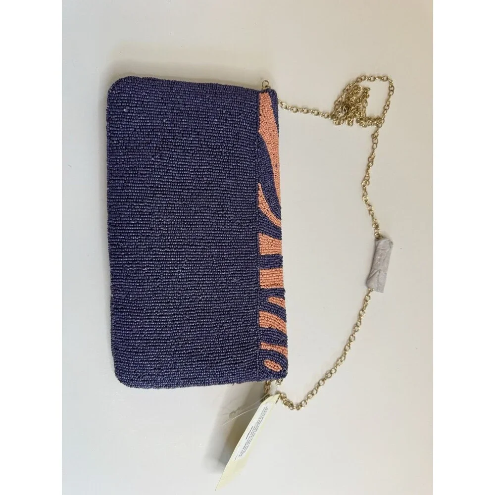 On 34th hand-beaded envelope clutch -navy and coral pink zebra stripe design